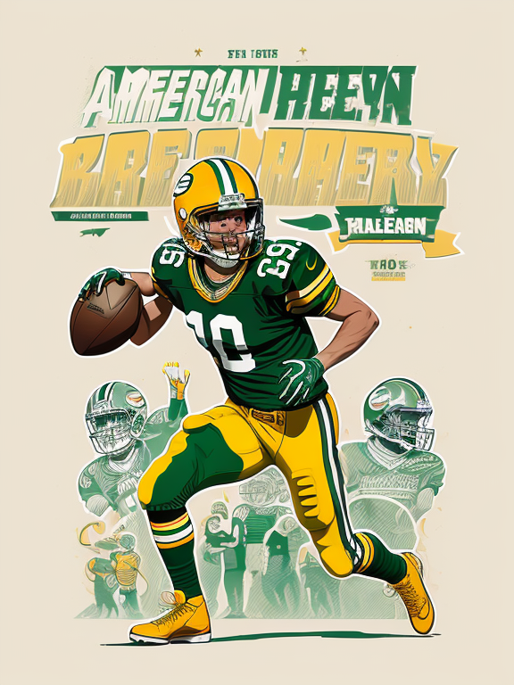 American Football, Green Bay Packers, Cheese Heads, Lambeau Field, Green and Yellow, Skeleton Player, 10, Jordan Love, Halloween, Retro, Vintage, Flat design, (((Simple))), Art by Butcher Billy, illustration, highly detailed, simple, Vector art
