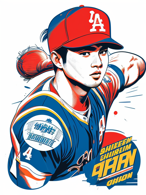 Dodgers, Shohei Ohtani, Baseball, Comic book, Blue and white, Los Angeles, Retro, Vintage, Flat design, (((Simple))), Art by Butcher Billy, illustration, highly detailed, simple, Vector art