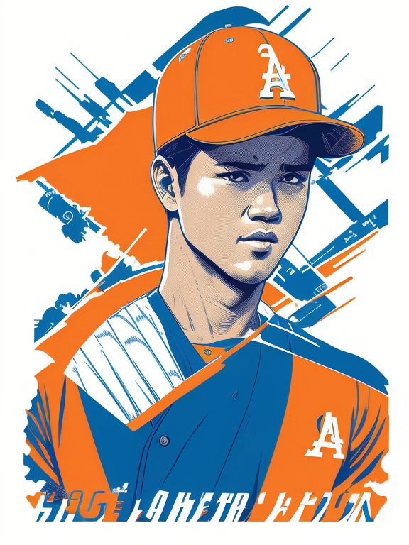Dodgers, Shohei Ohtani, Baseball, Comic book, Blue and white, Los Angeles, Retro, Vintage, Flat design, (((Simple))), Art by Butcher Billy, illustration, highly detailed, simple, Vector art