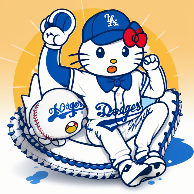 Hello Kitty, Dodgers, Baseball, Blue and white, Los Angeles, vector, vibrant color, incredibly high details, white background, plashing colors, Cartoon character, stickers designs