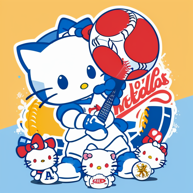 Hello Kitty, Dodgers, Baseball, Blue and white, Los Angeles, vector, vibrant color, incredibly high details, white background, plashing colors, Cartoon character, stickers designs