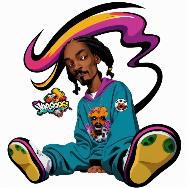 Snoop Dogg, vector, vibrant color, incredibly high details, white background, plashing colors, Cartoon character, stickers designs