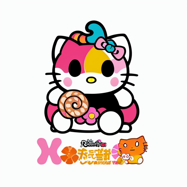 Hello Kitty, Cinnamon Roll, vector, vibrant color, incredibly high details, white background, plashing colors, Cartoon character, stickers designs