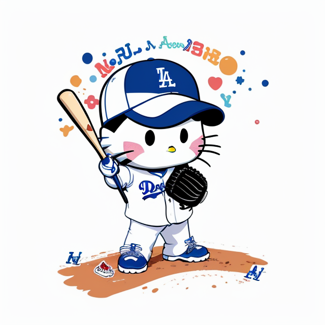 Hello Kitty, Dodgers, Baseball, vector, vibrant color, incredibly high details, white background, plashing colors, Cartoon character, stickers designs
