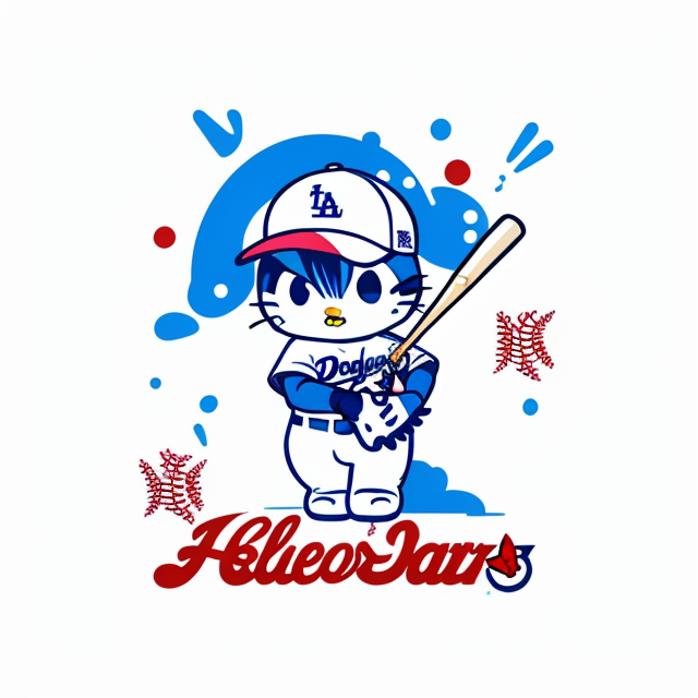 Hello Kitty, Dodgers, Baseball, vector, vibrant color, incredibly high details, white background, plashing colors, Cartoon character, stickers designs