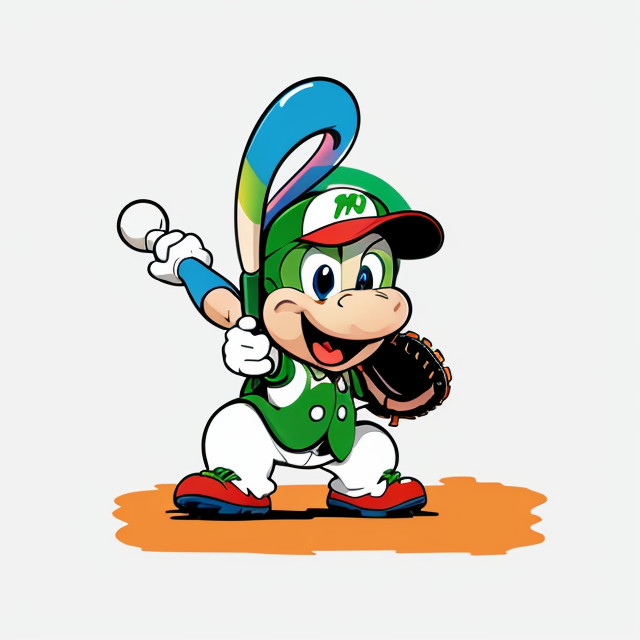 Yoshi, Baseball, vector, vibrant color, incredibly high details, white background, plashing colors, Cartoon character, stickers designs