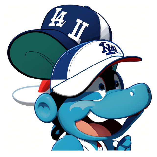 Yoshi, Baseball hat, dodgers, vector, vibrant color, incredibly high details, white background, plashing colors, Cartoon character, stickers designs