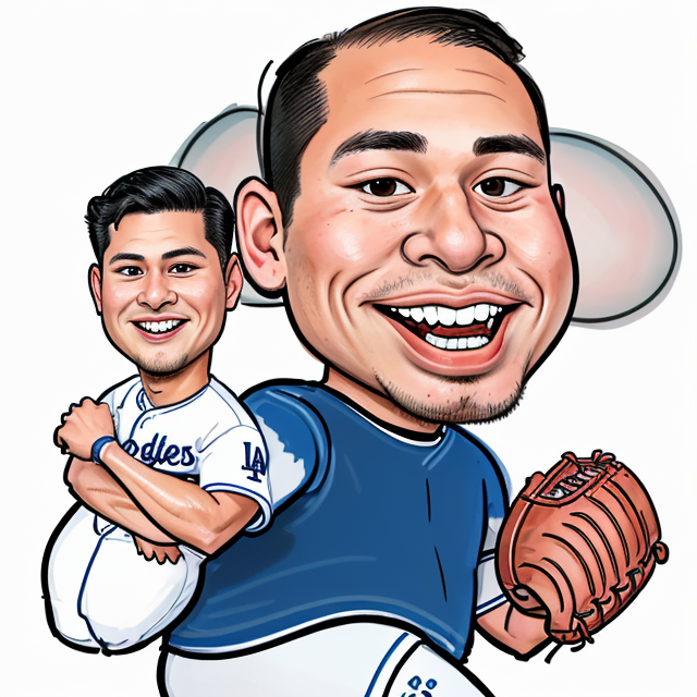 sohei ohtani, Baseball, Dodgers, Los Angeles , smiling, white background, sharp focus, (caricature:1.4), drawing