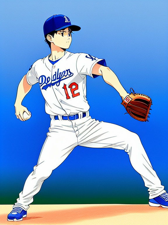 Shohei Ohtani, Baseball, Dodgers, Los Angeles, Beautiful colors, Pencil sketches, Vector illustration, Cell shaded, Flat, 2D, In the style of studio ghibli, Art by Hiroshi Saitō, bold lines, Bold the drawing lines, Amazing details, One character