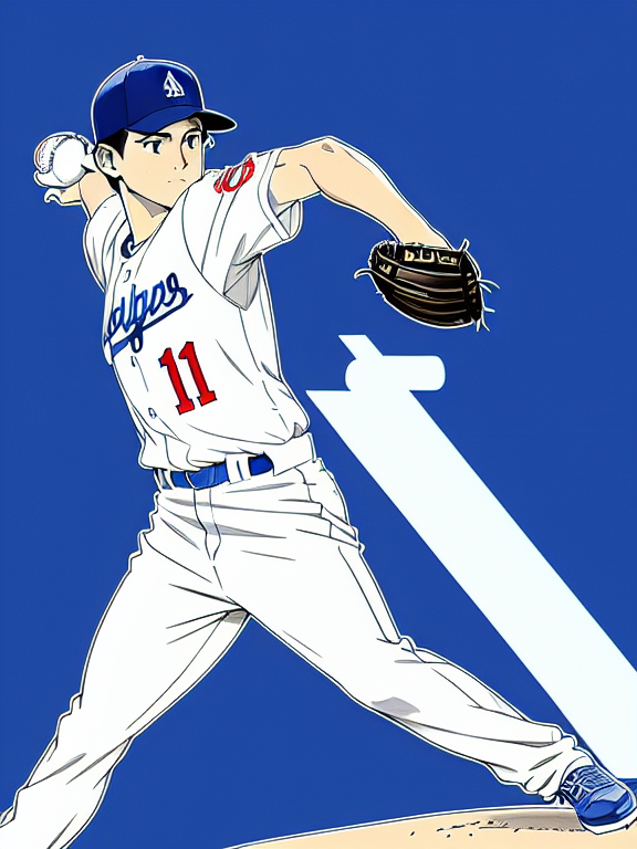 Shohei Ohtani, Baseball, Dodgers, Los Angeles, Beautiful colors, Pencil sketches, Vector illustration, Cell shaded, Flat, 2D, In the style of studio ghibli, Art by Hiroshi Saitō, bold lines, Bold the drawing lines, Amazing details, One character