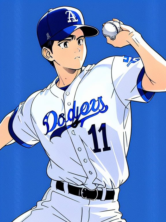Shohei Ohtani, Baseball, Dodgers, Los Angeles, No. 17; Dodgers Stadium , Beautiful colors, Pencil sketches, Vector illustration, Cell shaded, Flat, 2D, In the style of studio ghibli, Art by Hiroshi Saitō, bold lines, Bold the drawing lines, Amazing details, One character