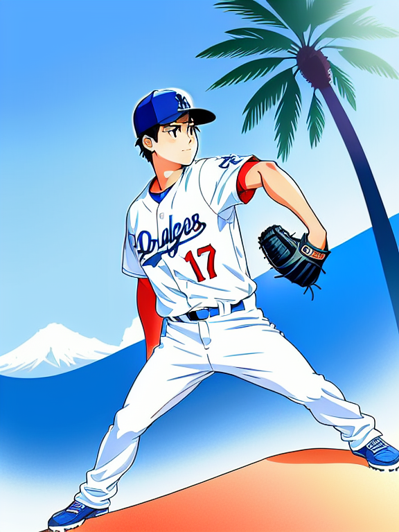 Shohei Ohtani, Baseball, Dodgers, Los Angeles, No. 17; Dodgers Stadium, Palm Trees, Beach, Japanese , Beautiful colors, Pencil sketches, Vector illustration, Cell shaded, Flat, 2D, In the style of studio ghibli, Art by Hiroshi Saitō, bold lines, Bold the drawing lines, Amazing details, One character