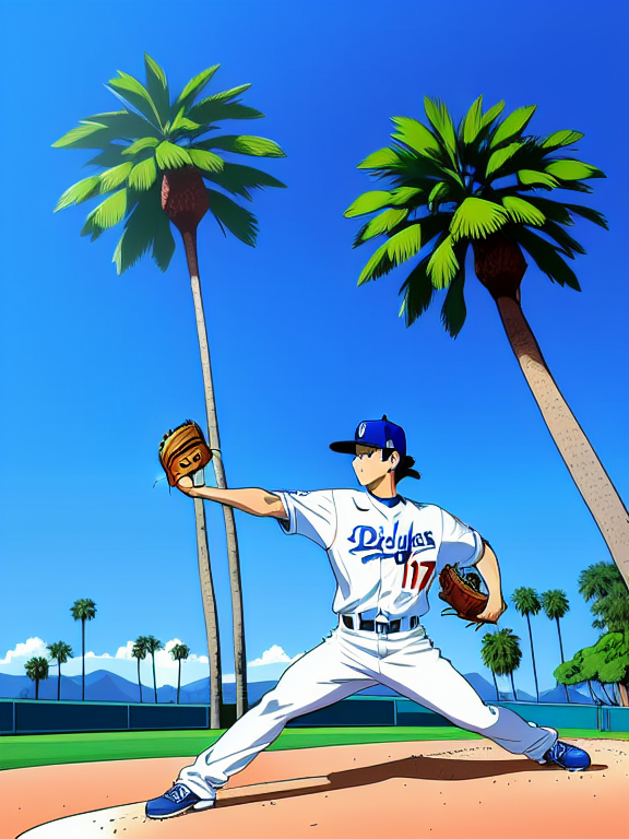 Shohei Ohtani, Baseball, Dodgers, Los Angeles, No. 17; Dodgers Stadium, Palm Trees, Beach, Japanese, Yamamoto, Mookie Betts, Beautiful colors, Pencil sketches, Vector illustration, Cell shaded, Flat, 2D, In the style of studio ghibli, Art by Hiroshi Saitō, bold lines, Bold the drawing lines, Amazing details, One character