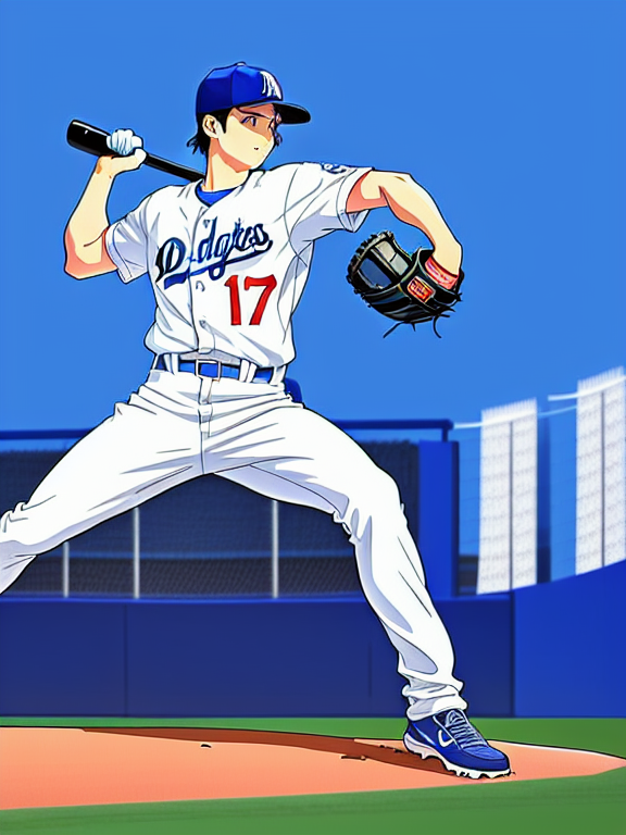 Shohei Ohtani, Baseball, Dodgers, Los Angeles, No. 17; Dodgers Stadium, Anime Baseball Scene, Batting Cage, Bats, , Beautiful colors, Pencil sketches, Vector illustration, Cell shaded, Flat, 2D, In the style of studio ghibli, Art by Hiroshi Saitō, bold lines, Bold the drawing lines, Amazing details, One character
