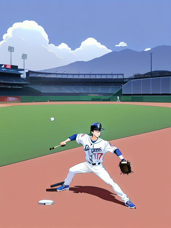 Shohei Ohtani, Baseball, Dodgers, Los Angeles, No. 17; Dodgers Stadium, Anime Baseball Scene, Batting Cage, Bats, , Beautiful colors, Pencil sketches, Vector illustration, Cell shaded, Flat, 2D, In the style of studio ghibli, Art by Hiroshi Saitō, bold lines, Bold the drawing lines, Amazing details, One character