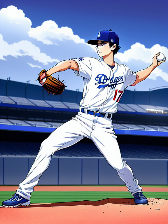 Shohei Ohtani, Baseball, Dodgers, Los Angeles, No. 17; Dodgers Stadium, Anime Baseball Scene, Pitching. Left Pitching, Baseball , Beautiful colors, Pencil sketches, Vector illustration, Cell shaded, Flat, 2D, In the style of studio ghibli, Art by Hiroshi Saitō, bold lines, Bold the drawing lines, Amazing details, One character