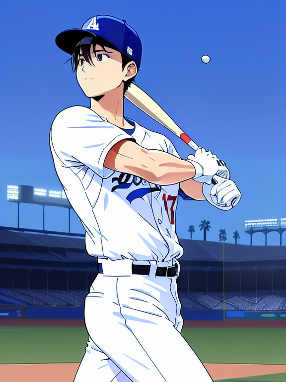 Shohei Ohtani, Baseball, Dodgers, Los Angeles, No. 17; Dodgers Stadium, Anime Baseball Scene, Left Batting, Homerun , Beautiful colors, Pencil sketches, Vector illustration, Cell shaded, Flat, 2D, In the style of studio ghibli, Art by Hiroshi Saitō, bold lines, Bold the drawing lines, Amazing details, One character
