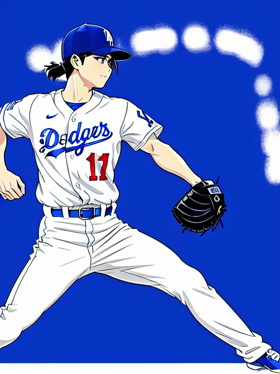 Shohei Ohtani, Baseball, Dodgers, Los Angeles, Los Angeles Dodgers, Blue and White, No. 17; Dodgers Stadium, Anime Baseball Scene,  Homerun , Beautiful colors, Pencil sketches, Vector illustration, Cell shaded, Flat, 2D, In the style of studio ghibli, Art by Hiroshi Saitō, bold lines, Bold the drawing lines, Amazing details, One character