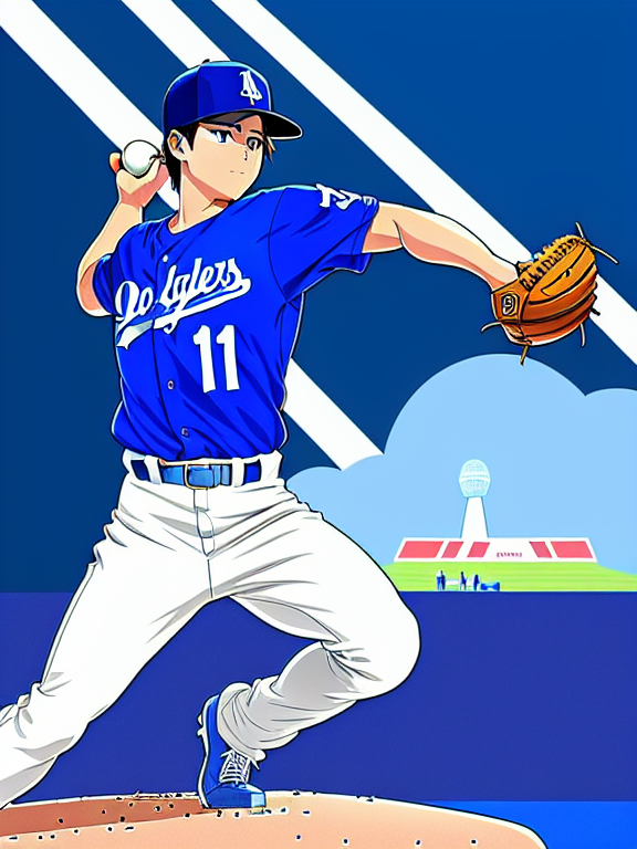 Shohei Ohtani, Baseball, Dodgers, Los Angeles, Los Angeles Dodgers, Blue and White, No. 17; Dodgers Stadium, Anime Baseball Scene,  Homerun , Beautiful colors, Pencil sketches, Vector illustration, Cell shaded, Flat, 2D, In the style of studio ghibli, Art by Hiroshi Saitō, bold lines, Bold the drawing lines, Amazing details, One character