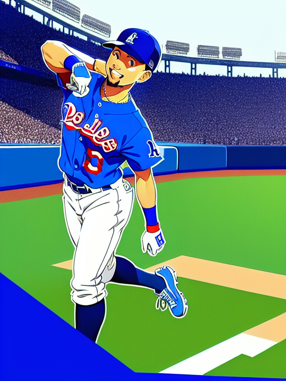 Mookie Betts, Baseball, Dodgers, Los Angeles, Los Angeles Dodgers, Blue and White, No. 50; Dodgers Stadium, Anime Baseball Scene,  Homerun , Beautiful colors, Pencil sketches, Vector illustration, Cell shaded, Flat, 2D, In the style of studio ghibli, Art by Hiroshi Saitō, bold lines, Bold the drawing lines, Amazing details, One character