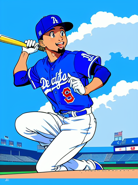 Mookie Betts, Baseball, Dodgers, Los Angeles, Los Angeles Dodgers, Blue and White, No. 50; Dodgers Stadium, Anime Baseball Scene,  Homerun , Beautiful colors, Pencil sketches, Vector illustration, Cell shaded, Flat, 2D, In the style of studio ghibli, Art by Hiroshi Saitō, bold lines, Bold the drawing lines, Amazing details, One character