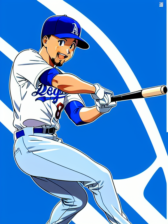 Mookie Betts, Baseball, Dodgers, Los Angeles, Los Angeles Dodgers, Blue and White, No. 50; Anime, Homerun , Beautiful colors, Pencil sketches, Vector illustration, Cell shaded, Flat, 2D, In the style of studio ghibli, Art by Hiroshi Saitō, bold lines, Bold the drawing lines, Amazing details, One character