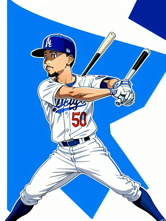 Mookie Betts, Baseball, Dodgers, Los Angeles, Los Angeles Dodgers, Blue and White, No. 50; Anime, Homerun , Beautiful colors, Pencil sketches, Vector illustration, Cell shaded, Flat, 2D, In the style of studio ghibli, Art by Hiroshi Saitō, bold lines, Bold the drawing lines, Amazing details, One character