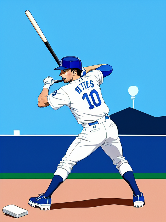 Mookie Betts, Baseball, Dodgers, Los Angeles, Los Angeles Dodgers, Blue and White, No. 50; Anime, Homerun, Dodger Stadium, Beautiful colors, Pencil sketches, Vector illustration, Cell shaded, Flat, 2D, In the style of studio ghibli, Art by Hiroshi Saitō, bold lines, Bold the drawing lines, Amazing details, One character
