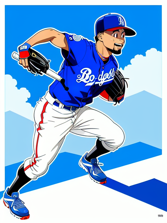 Mookie Betts, Baseball, Dodgers, Los Angeles, Los Angeles Dodgers,  No. 50; Anime, Dodger Stadium, Homerun, Beautiful colors, Pencil sketches, Vector illustration, Cell shaded, Flat, 2D, In the style of studio ghibli, Art by Hiroshi Saitō, bold lines, Bold the drawing lines, Amazing details, One character