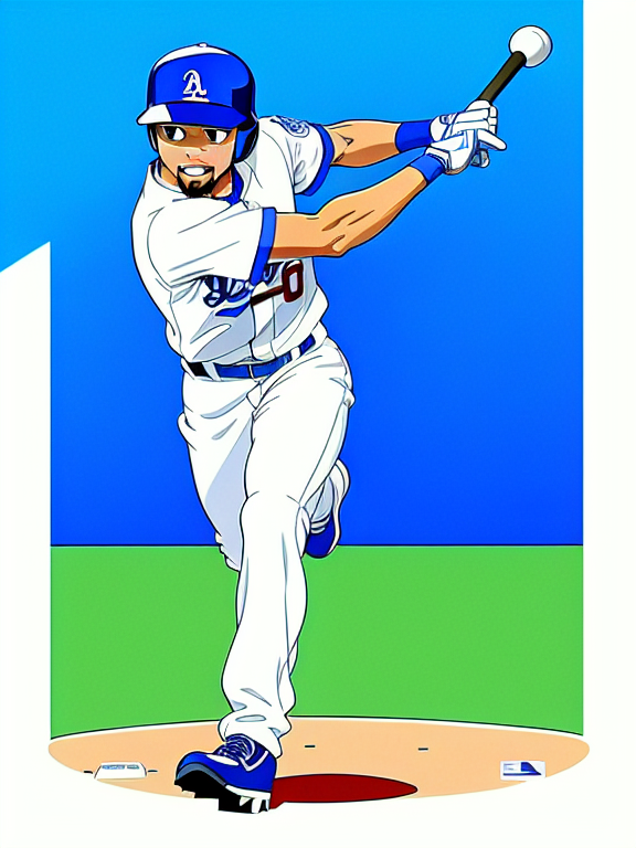 Mookie Betts, Baseball, Dodgers, Los Angeles, Los Angeles Dodgers,  No. 50; Anime, white and blue, Dodger Stadium, Homerun, Beautiful colors, Pencil sketches, Vector illustration, Cell shaded, Flat, 2D, In the style of studio ghibli, Art by Hiroshi Saitō, bold lines, Bold the drawing lines, Amazing details, One character