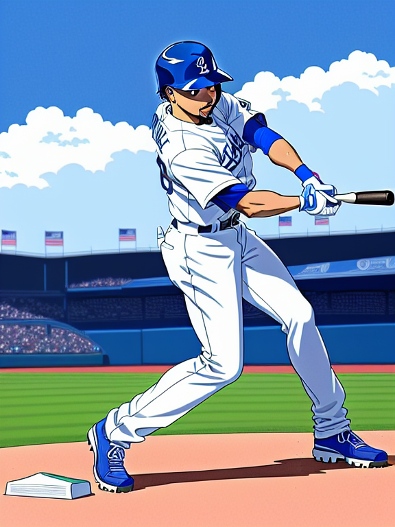 Mookie Betts, Baseball, Dodgers, Los Angeles, Los Angeles Dodgers,  No. 50; Anime, white and blue, Dodger Stadium, Homerun, Beautiful colors, Pencil sketches, Vector illustration, Cell shaded, Flat, 2D, In the style of studio ghibli, Art by Hiroshi Saitō, bold lines, Bold the drawing lines, Amazing details, One character
