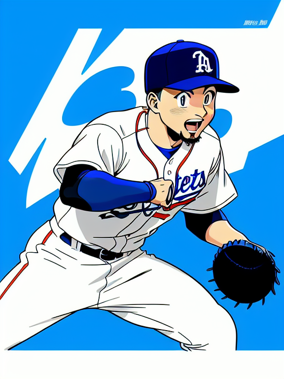 Mookie Betts, Baseball, Dodgers, Los Angeles, Los Angeles Dodgers,  No. 50; Anime, white and blue, bat, Beautiful colors, Pencil sketches, Vector illustration, Cell shaded, Flat, 2D, In the style of studio ghibli, Art by Hiroshi Saitō, bold lines, Bold the drawing lines, Amazing details, One character