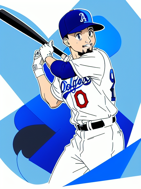 Mookie Betts, Baseball, Dodgers, Los Angeles, Los Angeles Dodgers,  No. 50; Anime, white and blue, bat, Beautiful colors, Pencil sketches, Vector illustration, Cell shaded, Flat, 2D, In the style of studio ghibli, Art by Hiroshi Saitō, bold lines, Bold the drawing lines, Amazing details, One character