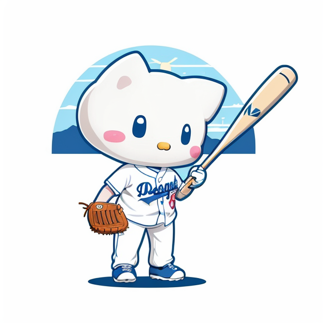 Cinnamoroll from Hello Kitty, Baseball, Blue, in a baseball uniform, playing baseball, dodgers, los angeles , planar vector, character design, japan style artwork, on a shamanic vision quest, with beautiful nocturnal sun and lush Amazon jungle in the background, subtle geometric patterns, clean white background, professional vector, full shot, 8K resolution, deep impression illustration, sticker type, vibrant color, colorful background, a painting illustration , 2D