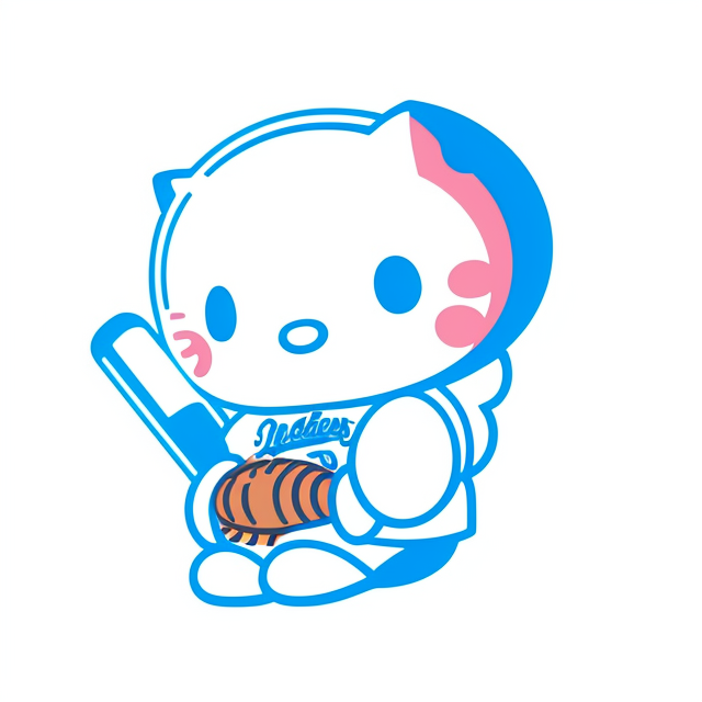 Cinnamoroll from Hello Kitty, Baseball, Blue, in a baseball uniform, playing baseball, dodgers, Los Angeles , Badge, Badge logo, Centered, Digital illustration, Soft color palette, Simple, Vector illustration, Flat illustration, Illustration, Trending on Artstation, Popular on Dribbble, Pastel colors, On a white background