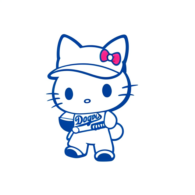 kuromi from Hello Kitty, Baseball, Blue, in a baseball hat, playing baseball, dodgers, Los Angeles , Badge, Badge logo, Centered, Digital illustration, Soft color palette, Simple, Vector illustration, Flat illustration, Illustration, Trending on Artstation, Popular on Dribbble, Pastel colors, On a white background