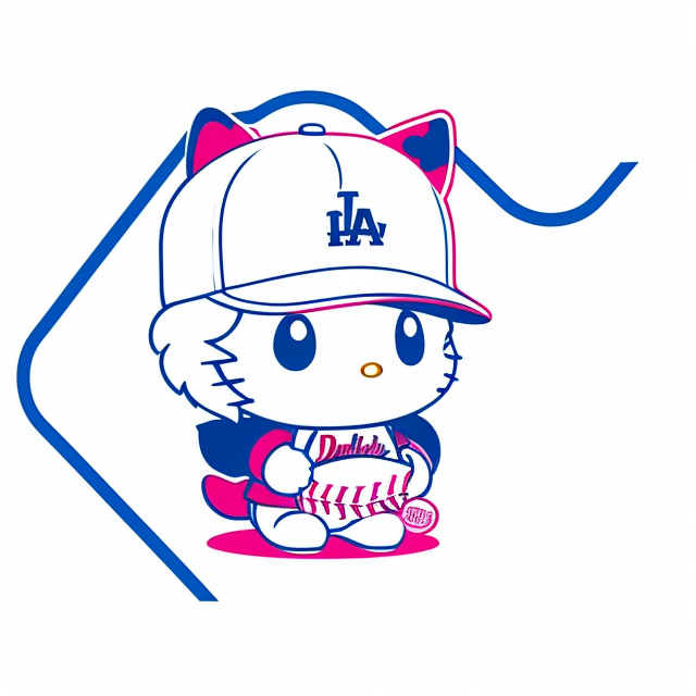 kuromi from Hello Kitty, Baseball, Blue, in a baseball hat, playing baseball, dodgers, Los Angeles, CA , Badge, Badge logo, Centered, Digital illustration, Soft color palette, Simple, Vector illustration, Flat illustration, Illustration, Trending on Artstation, Popular on Dribbble, Pastel colors, On a white background