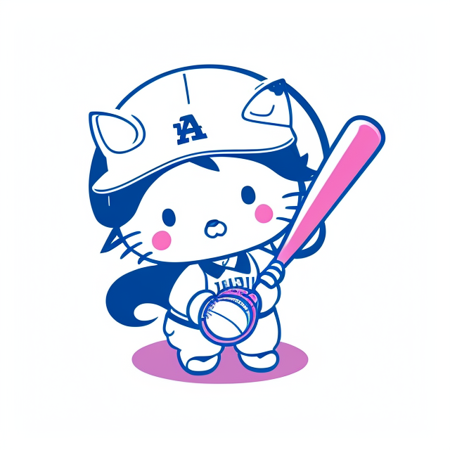 kuromi from Hello Kitty, Baseball, Blue, in a baseball hat, playing baseball, dodgers, Los Angeles, CA , Badge, Badge logo, Centered, Digital illustration, Soft color palette, Simple, Vector illustration, Flat illustration, Illustration, Trending on Artstation, Popular on Dribbble, Pastel colors, On a white background