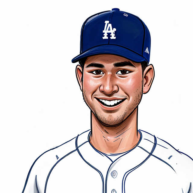 ohtani, los angeles dodgers, baseball , smiling, white background, sharp focus, (caricature:1.4), drawing