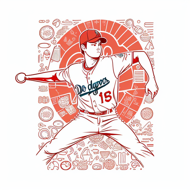 Illustrations, 2d flat vector, Wallpaper, shohei ohtani, los angeles dodgers, baseball , Drawing art, high resolution, delicate, handmade doodle, Flat color vector, Detailed, Symmetrical tiled patterns, Repeating texture, Repetitive and consistent, Seamless Colorful Food Patterns, On a white background, Doodles