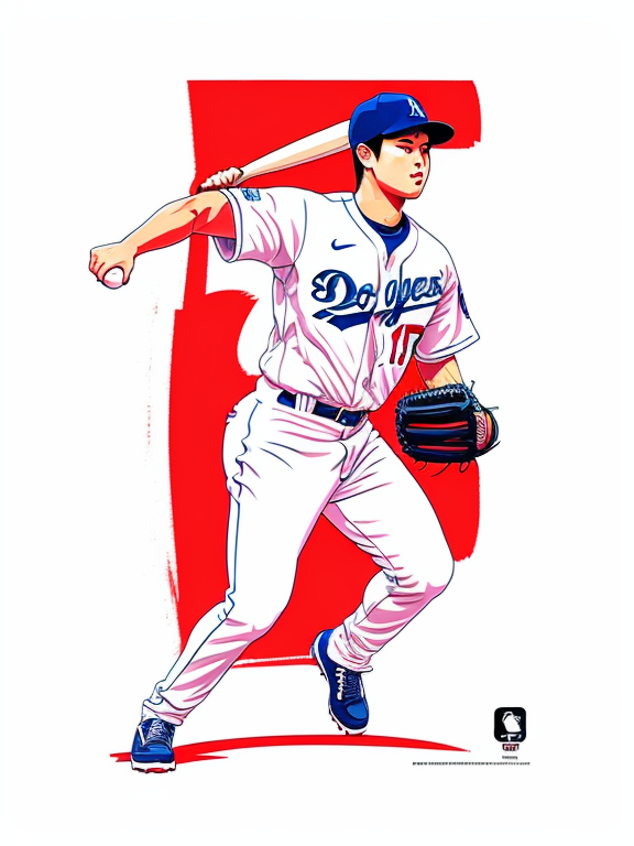 shohei ohtani, los angeles dodgers, baseball , Beautiful colors, Pencil sketches, Vector illustration, Cell shaded, Flat, 2D, In the style of studio ghibli, Art by Hiroshi Saitō, bold lines, Bold the drawing lines, Amazing details, One character