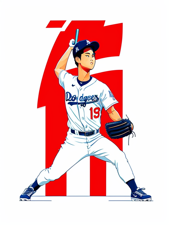 shohei ohtani, los angeles dodgers, baseball, dodger stadium, Beautiful colors, Pencil sketches, Vector illustration, Cell shaded, Flat, 2D, In the style of studio ghibli, Art by Hiroshi Saitō, bold lines, Bold the drawing lines, Amazing details, One character