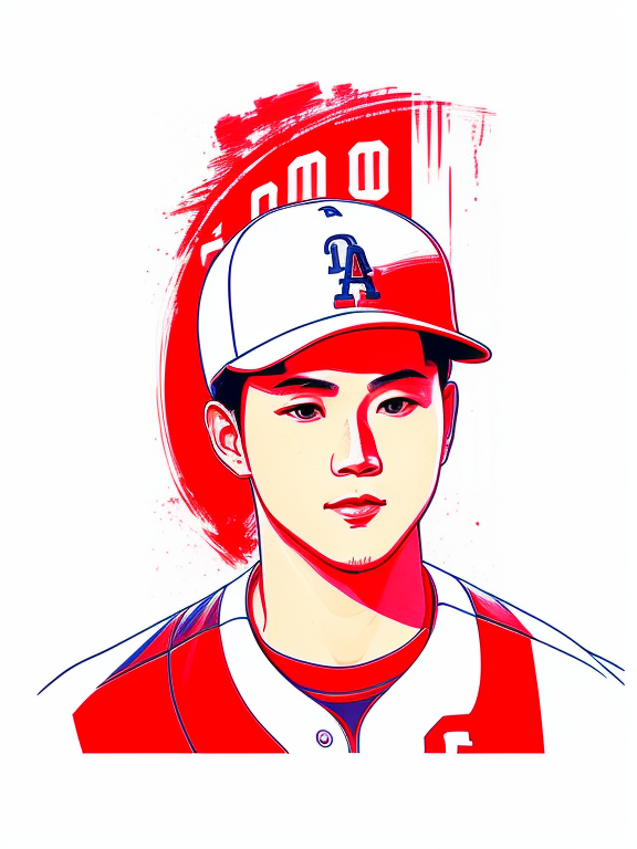 shohei ohtani, los angeles dodgers, baseball, dodger stadium, Beautiful colors, Pencil sketches, Vector illustration, Cell shaded, Flat, 2D, In the style of studio ghibli, Art by Hiroshi Saitō, bold lines, Bold the drawing lines, Amazing details, One character