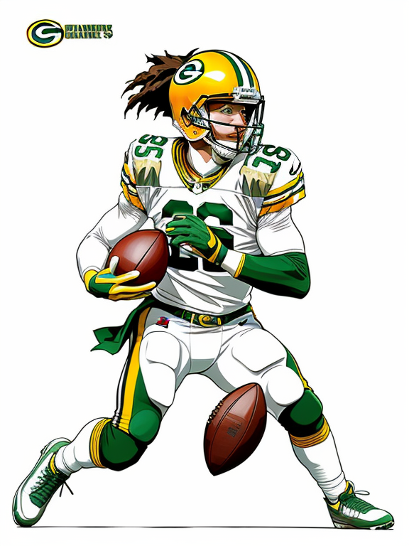 Jordan Love, Football, Greenbay Packers, Beautiful colors, Pencil sketches, Vector illustration, Cell shaded, Flat, 2D, In the style of studio ghibli, Art by Hiroshi Saitō, bold lines, Bold the drawing lines, Amazing details, One character