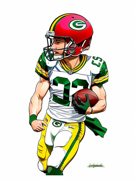 Jordan Love, Football, Greenbay Packers, Beautiful colors, Pencil sketches, Vector illustration, Cell shaded, Flat, 2D, In the style of studio ghibli, Art by Hiroshi Saitō, bold lines, Bold the drawing lines, Amazing details, One character