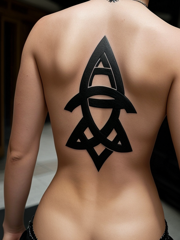 A monochrome, fine-line tattoo featuring a triquetra symbol. high detail.  all lines drawn are trxtured like root wood on Craiyon