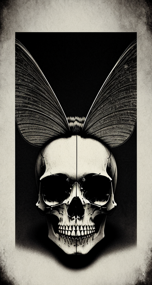 movie poster background of a deformed moth over a human skull that's missing its maxilla and frontal bone. Dark atmosphere, is visually appealing, cinematic poster. post-cyberpunk, high res, semi-simplistic