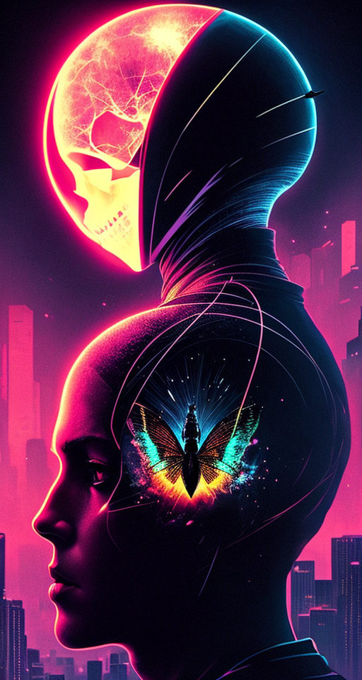 movie poster background of a deformed moth in front of a faceless human skull awe atmosphere, is visually appealing, cinematic poster. post-cyberpunk, high res, semi-simplistic