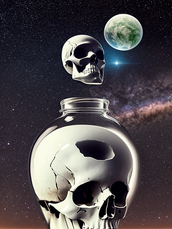 The skull-headed astronaut holds a bottle and the universe inside the bottle