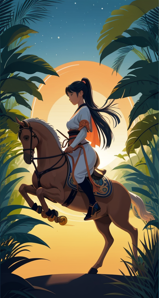 Girl on a rocking horse, leaning forward, planar vector, character design, japan style artwork, on a shamanic vision quest, with beautiful nocturnal sun and lush Amazon jungle in the background, subtle geometric patterns, clean white background, professional vector, full shot, 8K resolution, deep impression illustration, sticker type, vibrant color, colorful background, a painting illustration , 2D